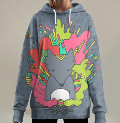 Волк в красках весеннего вдохновения, Hoodie Long Oversize 3D