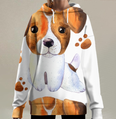 Милый щенок коричнево белый лапки, Hoodie Long Oversize 3D