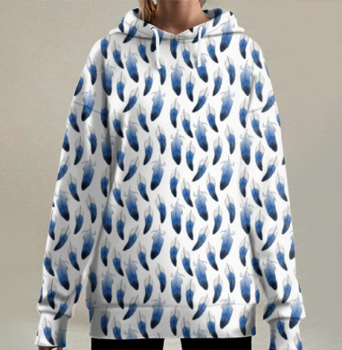Синие перья, Hoodie Long Oversize 3D