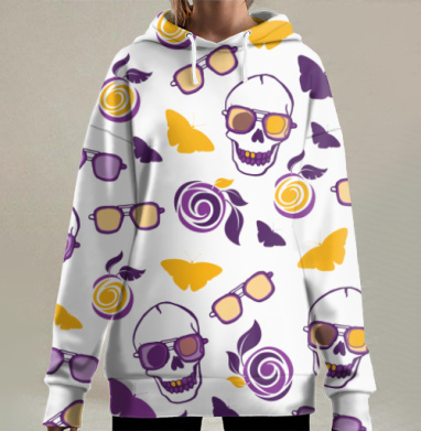 Фиолетовые черепа жёлтые бабочки очки, Hoodie Long Oversize 3D