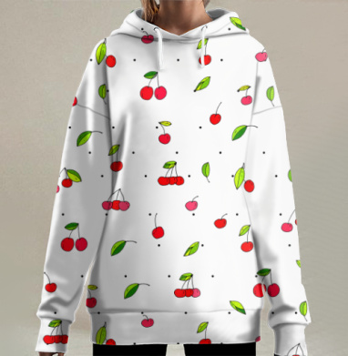 Милый узор из вишен и листьев, Hoodie Long Oversize 3D