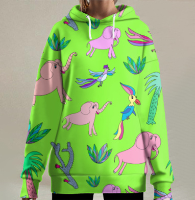 Розовые слоны птицы пальмы на салатовом фоне, Hoodie Long Oversize 3D