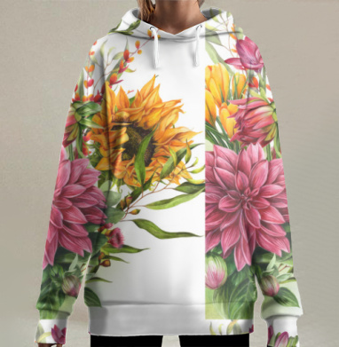 Яркий летний букет с подсолнухом и пионами в центре, Hoodie Long Oversize 3D