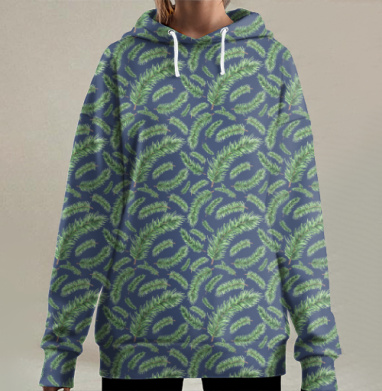 Еловые ветви на синем фоне для зимних нарядов и декора, Hoodie Long Oversize 3D