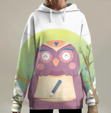 Мудрая сова с карандашом и советом для творчества, Hoodie Long Oversize 3D