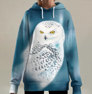 Белая сова на фоне ночного неба с северным сиянием, Hoodie Long Oversize 3D