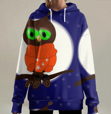 Сова в оранжевом свитере теплый ночной уют, Hoodie Long Oversize 3D
