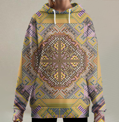 Симметричные этно мотивы комплексный узор поле узор, Hoodie Long Oversize 3D