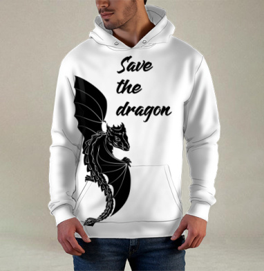Милый черный дракон с крыльями ползет по футболке Save the dragon, Худи / Мужская / С карманом / 3D