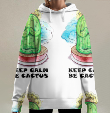 Спокойный медитирующий кактус с позитивной надписью be cactus, Hoodie Long Oversize 3D