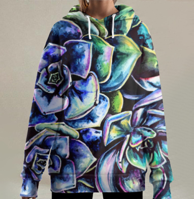 Акварельные яркие суккуленты живописное природное настроение, Hoodie Long Oversize 3D