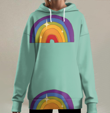 Цветная радуга с блестящими звездами на мятном фоне, Hoodie Long Oversize 3D