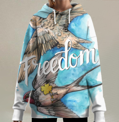 Freedom – Свобода птицы в небе с золотым клевером удачи Свобода, Hoodie Long Oversize 3D