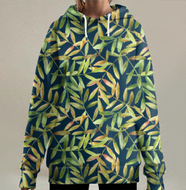 Акварельные листочки осенние оттенки темно синий, Hoodie Long Oversize 3D