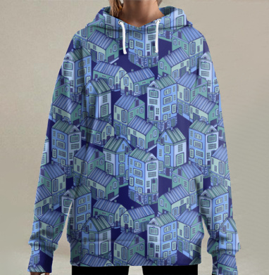Уникальная графика городской жизни — постер с домами, Hoodie Long Oversize 3D
