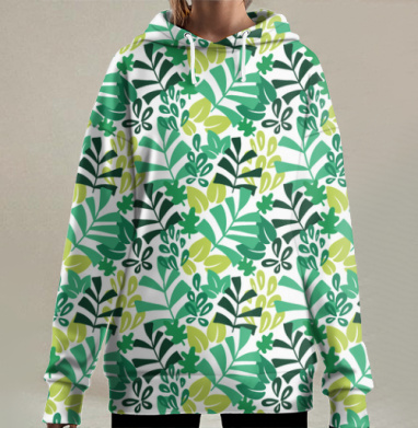 Летний узор с декоративными листьями и цветами, Hoodie Long Oversize 3D