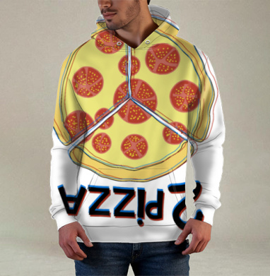Весёлая трёхчастная пицца с перевёрнутой надписью Pizza, Худи / Мужская / С карманом / 3D