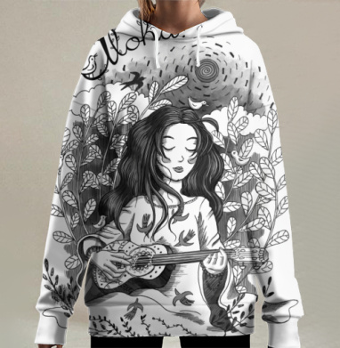 Девушка играет на гитаре среди листьев и птиц Aloha, Hoodie Long Oversize 3D