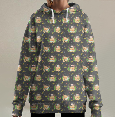 Ушастый малыш и тряпичный котик, Hoodie Long Oversize 3D