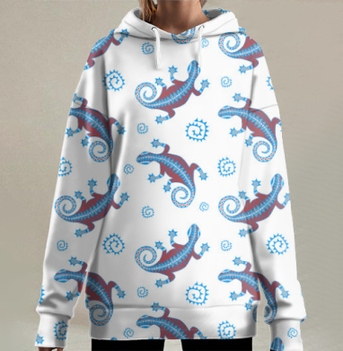 Этническая ящерица синим красным и голубым элементов, Hoodie Long Oversize 3D