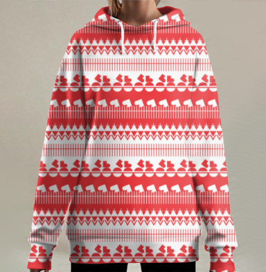 Скандинавский орнамент в красно-белых тонах, Hoodie Long Oversize 3D