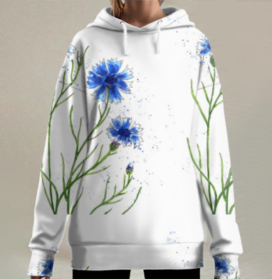 Синие васильки яркие летние свежие васильки, Hoodie Long Oversize 3D