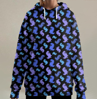 Весёлые разноцветные динозавры на синем фоне легко и непринуждённо, Hoodie Long Oversize 3D