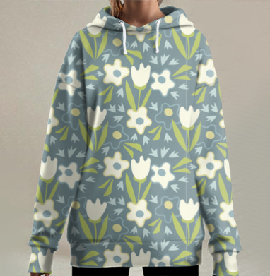 Весенние легкие цветочные мотивы с ретро элементами на синем фоне, Hoodie Long Oversize 3D