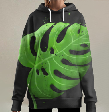 Зелёный лист монстеры на чёрном фоне зелёного листа, Hoodie Long Oversize 3D
