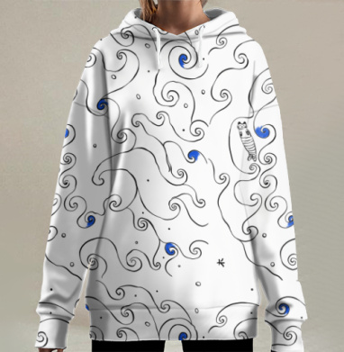 Кот в плавных синих завитках кот в плавных синих завитках, Hoodie Long Oversize 3D
