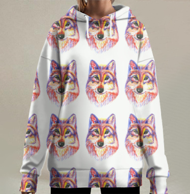 Энергия волка в яркой акварели, Hoodie Long Oversize 3D