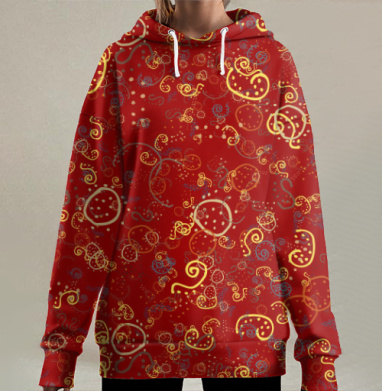 Волнистые линии, каракулей, точек и пятен на красном фоне, Hoodie Long Oversize 3D