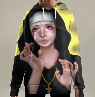 Молодая монахиня с крестом и свечением за спиной, Hoodie Long Oversize 3D