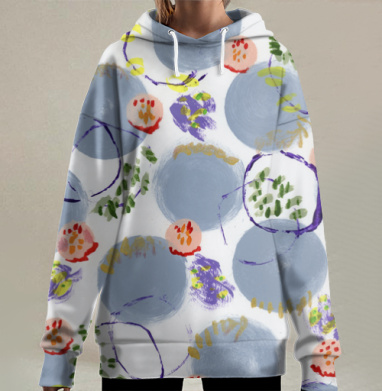 Голубые кольца с цветами и листьями сохраняют живой узор, Hoodie Long Oversize 3D