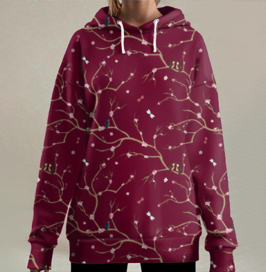 Весенняя сакура с птицами и бабочками – декоративный арт, Hoodie Long Oversize 3D