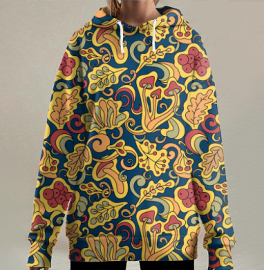 Осенние листья ягоды грибы на синем, Hoodie Long Oversize 3D