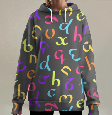 Яркие цветные латинские буквы на темном фоне развлекательные элементы, Hoodie Long Oversize 3D