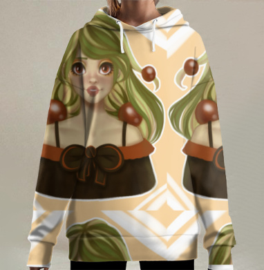 Девушка с зелёными волосами и шоколадными леденцами на плечах, Hoodie Long Oversize 3D