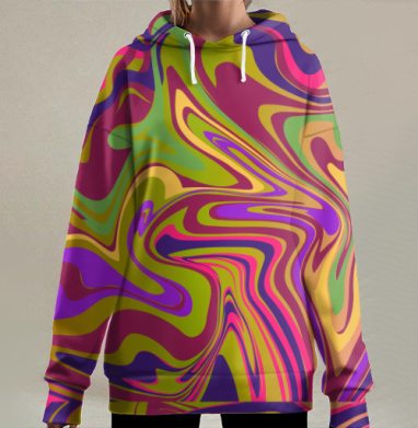 Яркие волнообразные линии динамичные переплетаются зелено желто розово, Hoodie Long Oversize 3D