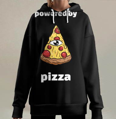 Пицца с глазом и надписью запитан от пиццы, Hoodie Long Oversize 3D