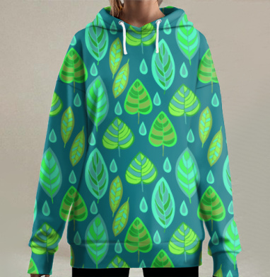 Ткань с зелёными листьями и каплями на бирюзовом фоне, Hoodie Long Oversize 3D
