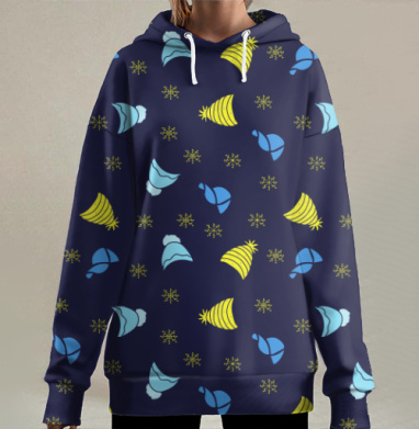 Зимние голубые желтые шапки на темно синем фоне, Hoodie Long Oversize 3D