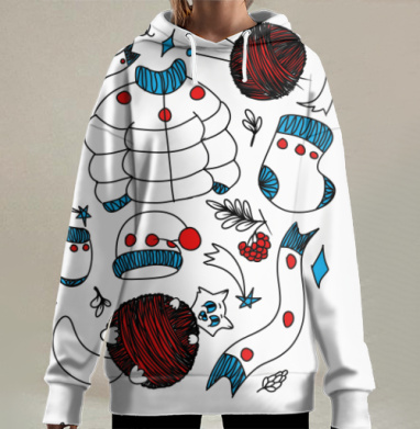 Зимние вязаные аксессуары с котом играющим с клубком ниток, Hoodie Long Oversize 3D