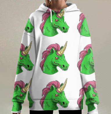 Зеленый зомби единорог с розовой гривой хэллоуин праздник, Hoodie Long Oversize 3D