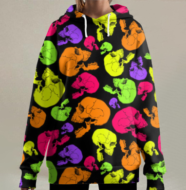 Яркий неоновый узор с разноцветными черепами, Hoodie Long Oversize 3D