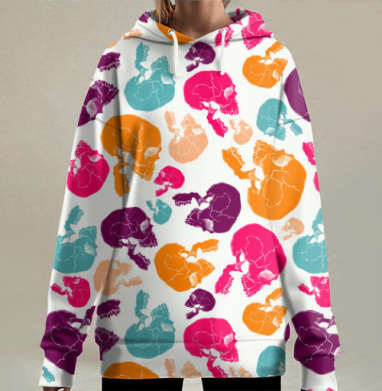 Цветные черепа в динамичном поп-арт стиле, Hoodie Long Oversize 3D
