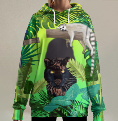 День в джунглях с лемуром попугаем и пантерой, Hoodie Long Oversize 3D