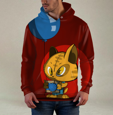 Рыжий кот с синим подарком и шариком, Худи / Мужская / С карманом / 3D