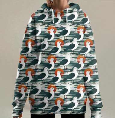 Чайки летают над морскими волнами на рассвете, Hoodie Long Oversize 3D