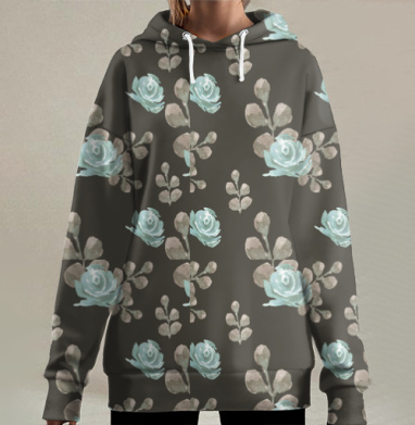 Голубые розы на темном фоне для обоев или ткани, Hoodie Long Oversize 3D